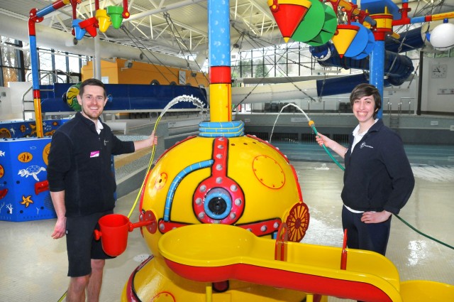 Centre Manager Nick Charlton and Operations Manager Jess Chadderton, start to fill the pool